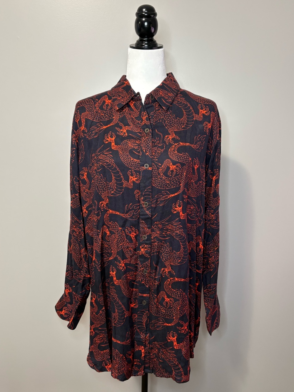 Avani del Amour Dragon Print Long Sleeve Oversized Button Up Blouse